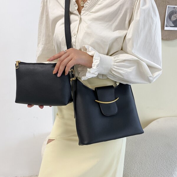 

Minimalist Metal Decor Bucket Bag, Black