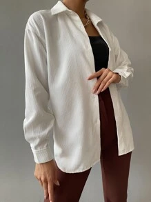 Chiquease 落肩袖前排扣燈芯絨襯衫 - 白色 - 查看 4