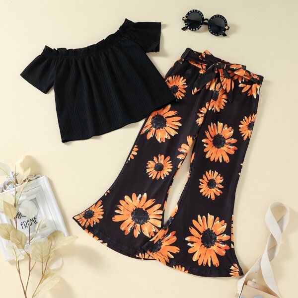

Toddler Girls Frill Trim Top & Sunflower Print Flare Leg Pants, Black