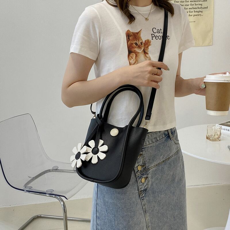 

Colorblock Satchel Bag With Flower Bag Charm, Black