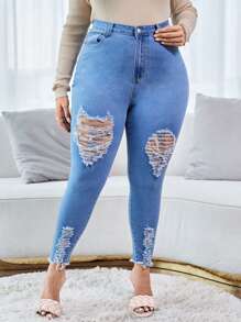 Jeans ajustados curvo de talle alto roto ribete crudo - Lavado ligero - Ver 1