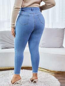 Jeans ajustados curvo de talle alto roto ribete crudo - Lavado ligero - Ver 2