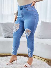 Jeans ajustados curvo de talle alto roto ribete crudo - Lavado ligero - Ver 3