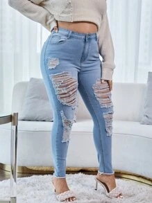 大碼高腰梯狀做舊毛邊緣緊身牛仔褲 - 淺色水洗藍 - 查看 1