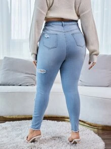 大碼高腰梯狀做舊毛邊緣緊身牛仔褲 - 淺色水洗藍 - 查看 2