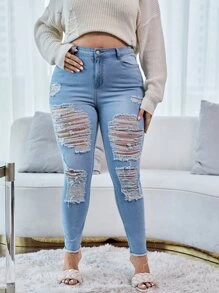 大碼高腰梯狀做舊毛邊緣緊身牛仔褲 - 淺色水洗藍 - 查看 3