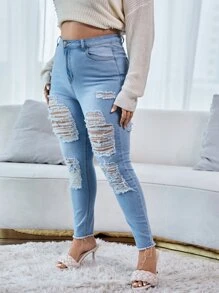 大碼高腰梯狀做舊毛邊緣緊身牛仔褲 - 淺色水洗藍 - 查看 4