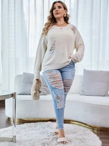 大碼高腰梯狀做舊毛邊緣緊身牛仔褲 - 淺色水洗藍 - 查看 5