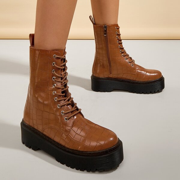 

Minimalist Croc Embossed Lace Up Front Combat Boots, Brown