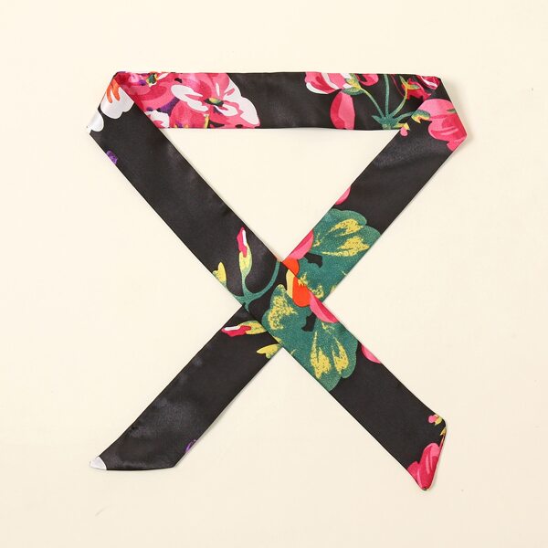 

Flower Print Twilly Scarf, Black