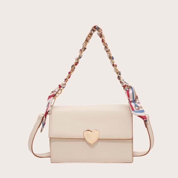 

Heart & Scarf Decor Flap Shoulder Bag, Beige