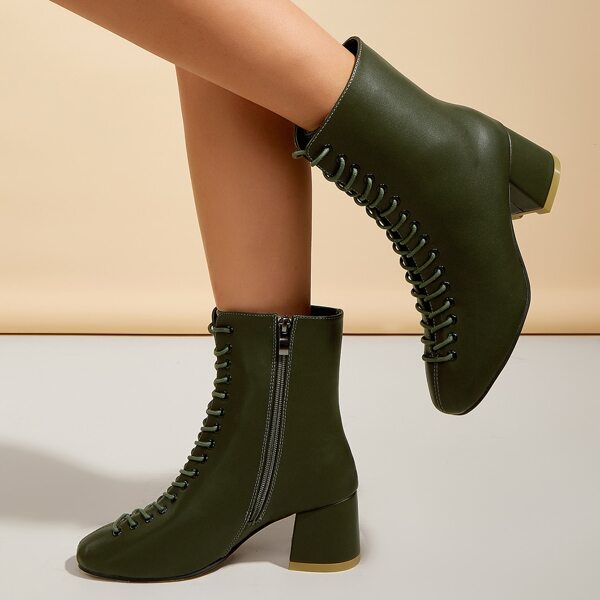 

Minimalist Lace Up Front Chunky Heeled Boots, Army green