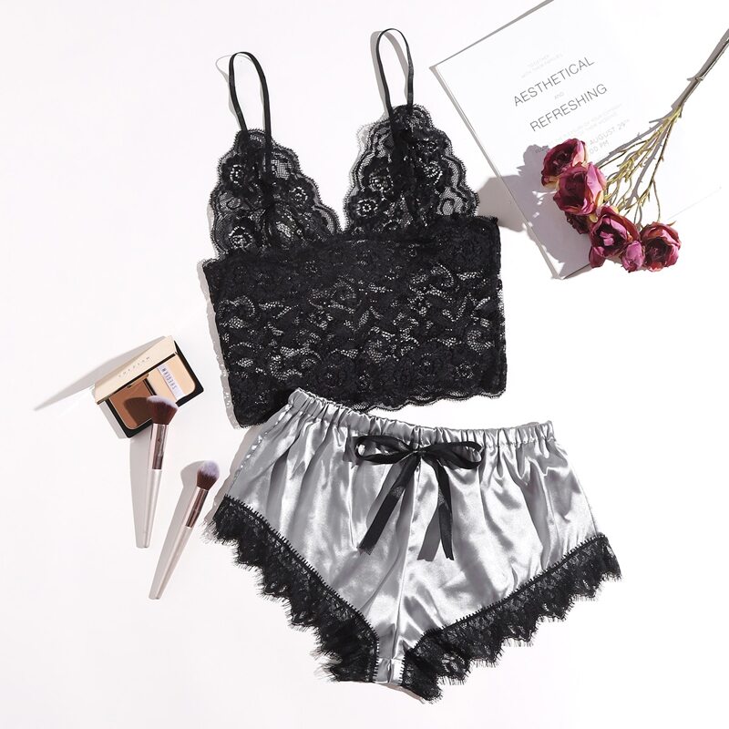 

Floral Lace Bralette With Satin Shorts, Multicolor