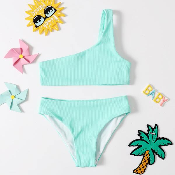 

Toddler Girls Ribbed One Shoulder Bikini Swimsuit, Baby blue