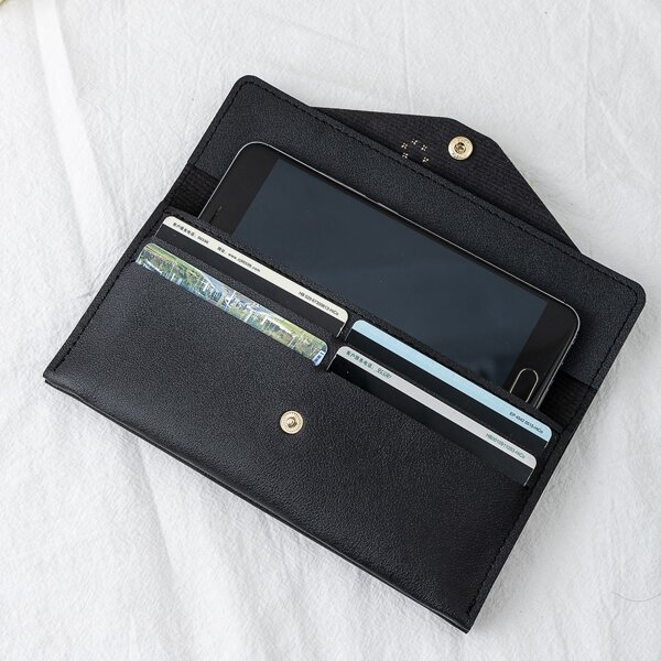 

Rhinestone Decor Flap Long Wallet, Black