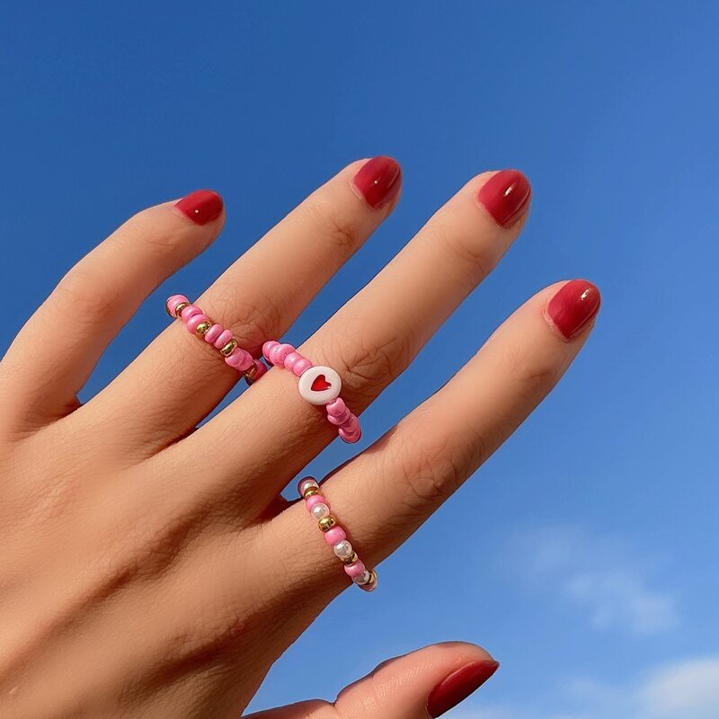 

3pcs Heart Beaded Ring, Pink