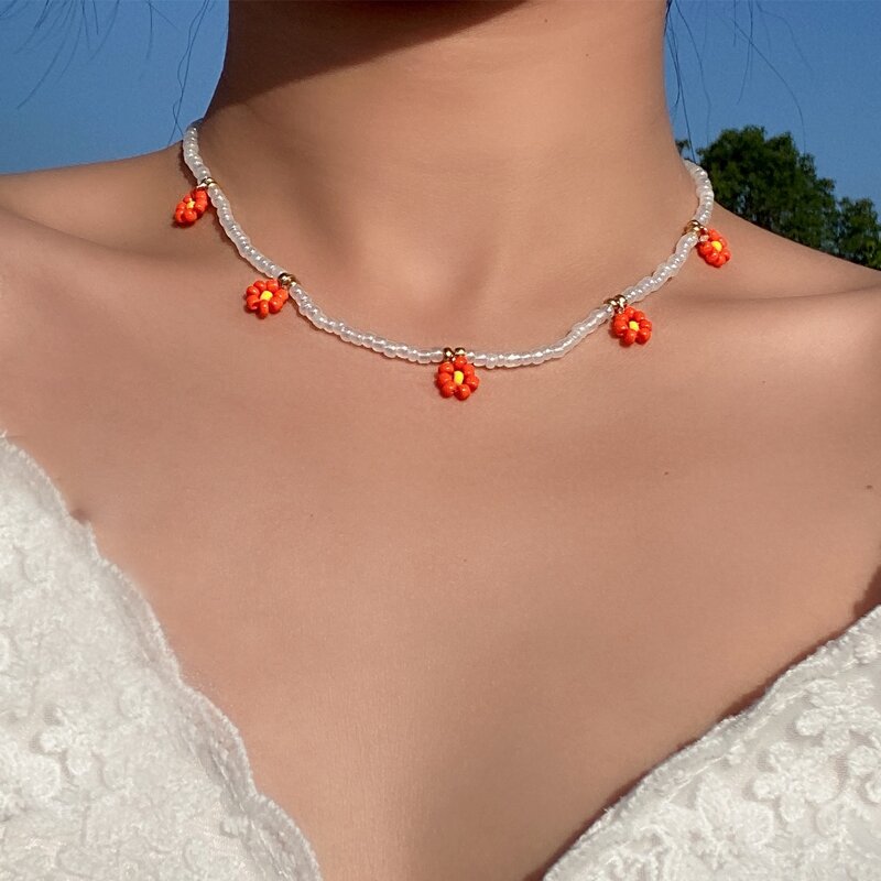 

Floral Beaded Necklace, Orange