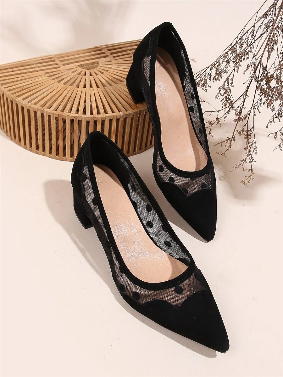秋冬波点粗跟鞋，女士黑色高跟鞋，优雅 - 黑色 - 查看 1