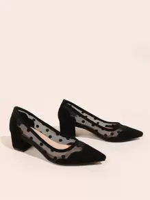 秋冬波点粗跟鞋，女士黑色高跟鞋，优雅 - 黑色 - 查看 3
