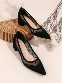 秋冬波点粗跟鞋，女士黑色高跟鞋，优雅 - 黑色 - 查看 5