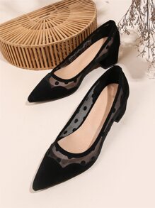 秋冬波点粗跟鞋，女士黑色高跟鞋，优雅 - 黑色 - 查看 6