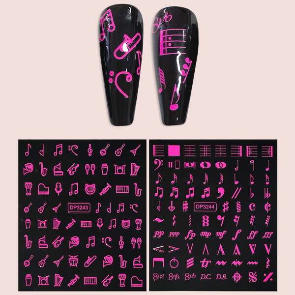 

2sheets Luminous Music Pattern Nail Art Sticker, Hot pink