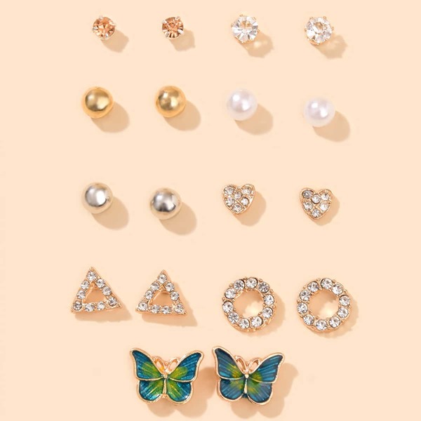 

9pairs Butterfly & Heart Stud Earrings, Multicolor