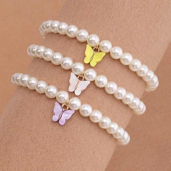 

3pcs Girls Butterfly Charm Faux Pearl Beaded Bracelet, Multicolor