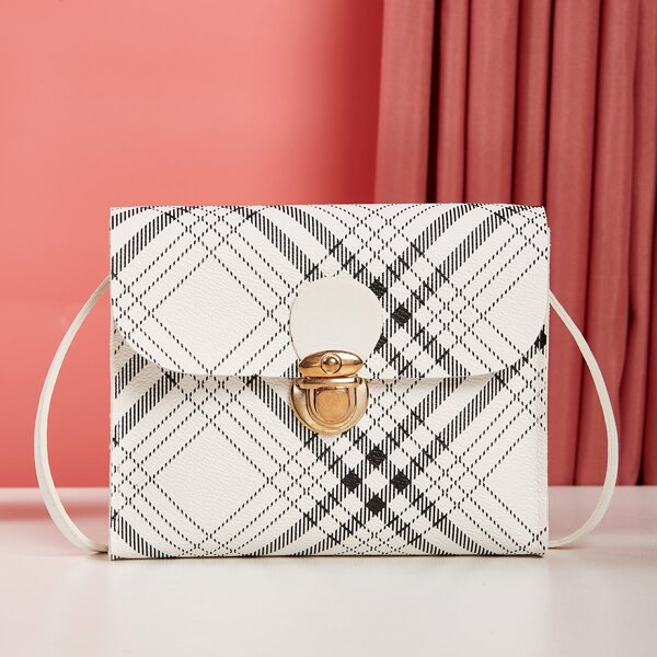

Plaid Pattern Push Lock Crossbody Bag, Black and white