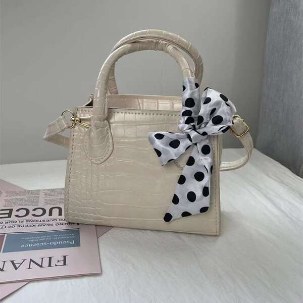 

Bow Decor Croc Embossed Square Bag, Beige