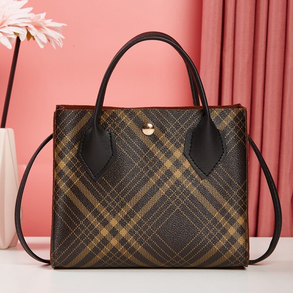 

Plaid Pattern Satchel Bag, Coffee brown