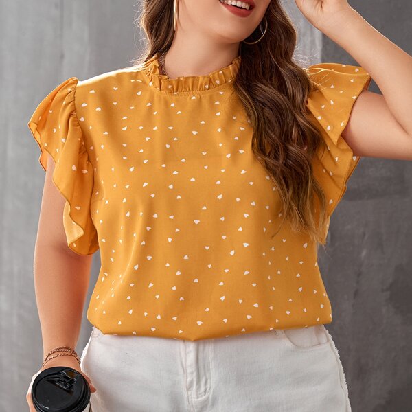 

Plus Confetti Heart Print Ruffle Armhole Blouse, Yellow