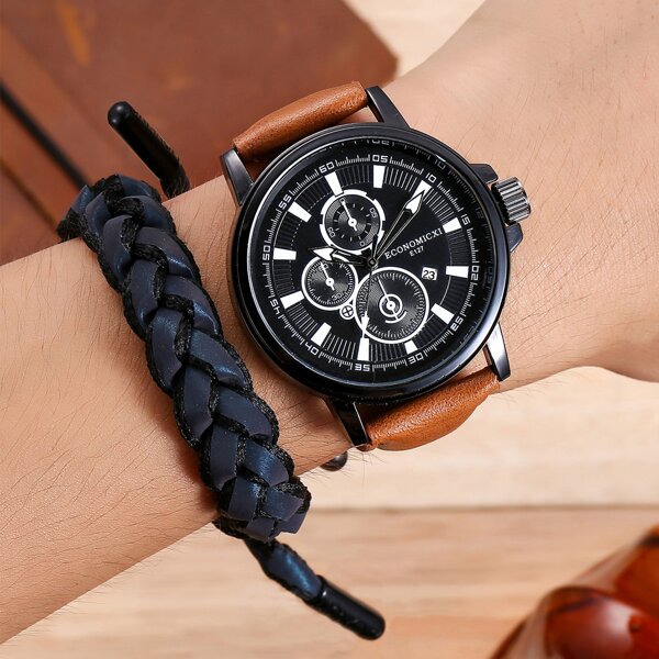 

1pc Men Triple Dial Pointer Quartz Watch & 1pc Bracelet