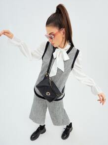 Mulvari Plaid Pattern Contrast Trim Tweed Tank Top & Trousers Without Blouse - Black and White - View 1