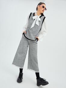 Mulvari Plaid Pattern Contrast Trim Tweed Tank Top & Trousers Without Blouse - Black and White - View 4