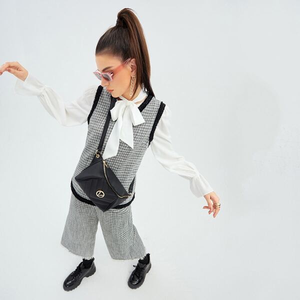 

Plaid Pattern Contrast Trim Tweed Tank Top & Pants Without Blouse, Black and white