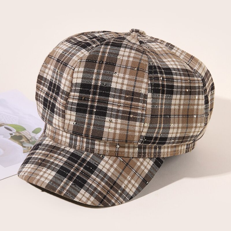 

Plaid Print Newsboy Hat, Khaki