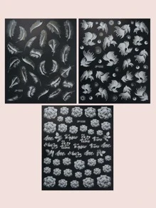 3片花紋指甲藝術貼紙，美甲貼紙DIY - 白色 - 查看 2