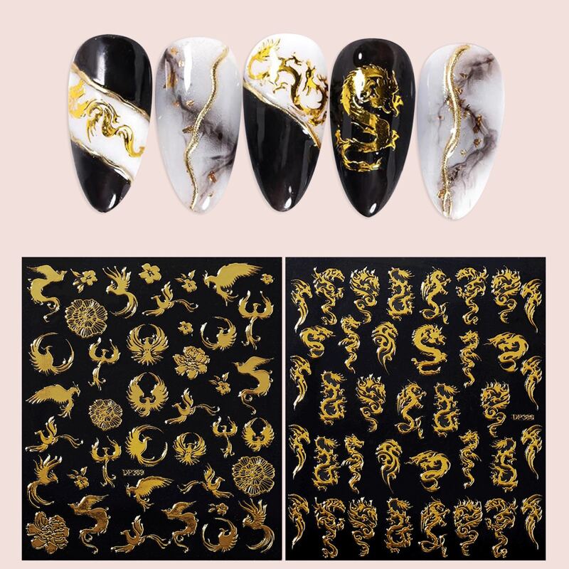 

2sheets Chinese Dragon Nail Art Sticker, Gold