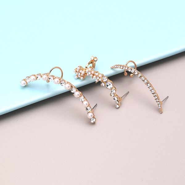 

3pcs Rhinestone Decor Earrings, Gold