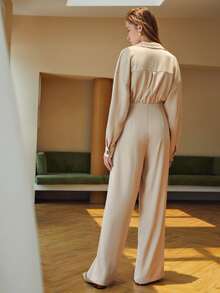 SHEIN Essnce Cut Out Drawstring Waist Split Hem Shirt Jumpsuit - Apricot - View 2