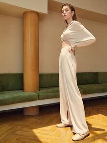 SHEIN Essnce Cut Out Drawstring Waist Split Hem Shirt Jumpsuit - Apricot - View 3