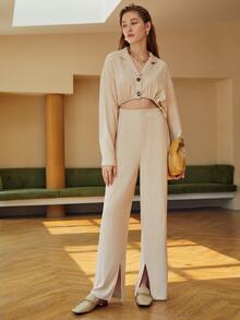 SHEIN Essnce Cut Out Drawstring Waist Split Hem Shirt Jumpsuit - Apricot - View 5