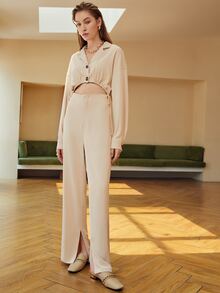 SHEIN Essnce Cut Out Drawstring Waist Split Hem Shirt Jumpsuit - Apricot - View 6