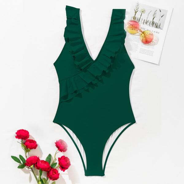 

Plain Ruffle Trim V Neck One Piece Swimsuit, Dark green