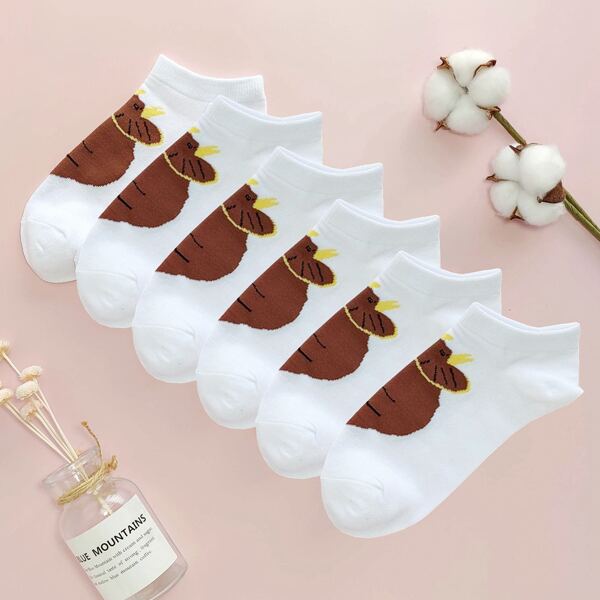 

6pairs Cartoon Animal Print Socks, White
