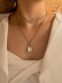 Lock & Letter Pendant Layered Necklace - Silver - View 1