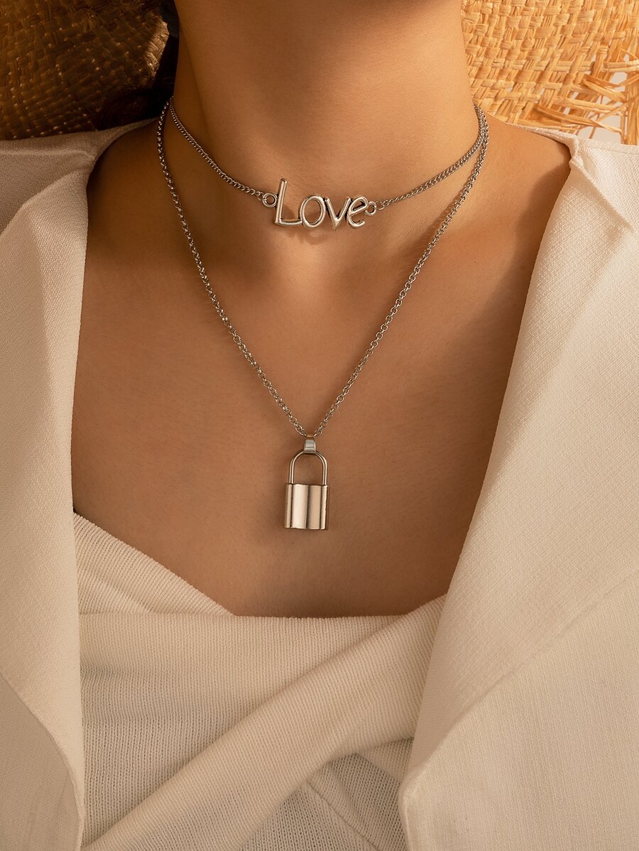 Lock & Letter Pendant Layered Necklace - Silver - View 1