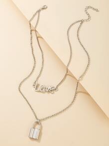 Lock & Letter Pendant Layered Necklace - Silver - View 2