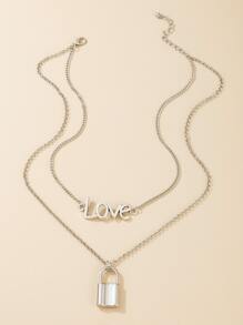 Lock & Letter Pendant Layered Necklace - Silver - View 3